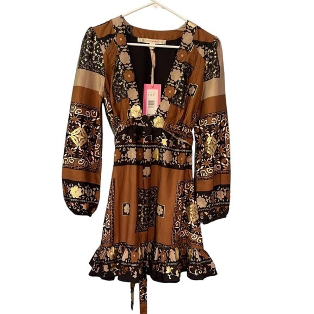 Chelsea & Violet Brown Gold Floral Plunge Mini Dress NWT XS Boho Festival - Picture 2 of 11